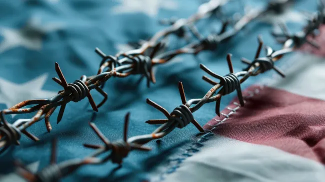 barbed wire and american flag